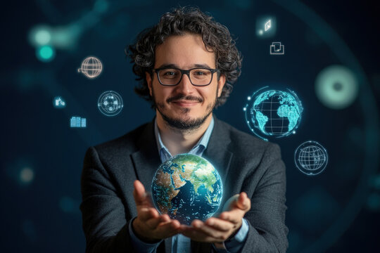 Man Holding Holographic Earth Global Connectivity and Data Visualization