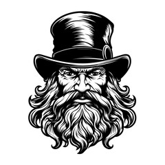 A detailed silhouette of a leprechaun's head, featuring its signature hat and beard. Perfect for St. Patrick's Day designs, Irish folklore illustrations, fantasy-themed graphics, and mascot logos.