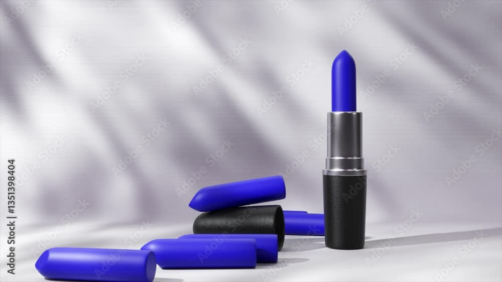Poster blue lipstick rotating and falling on a white background, creating a visually appealing sequence of 