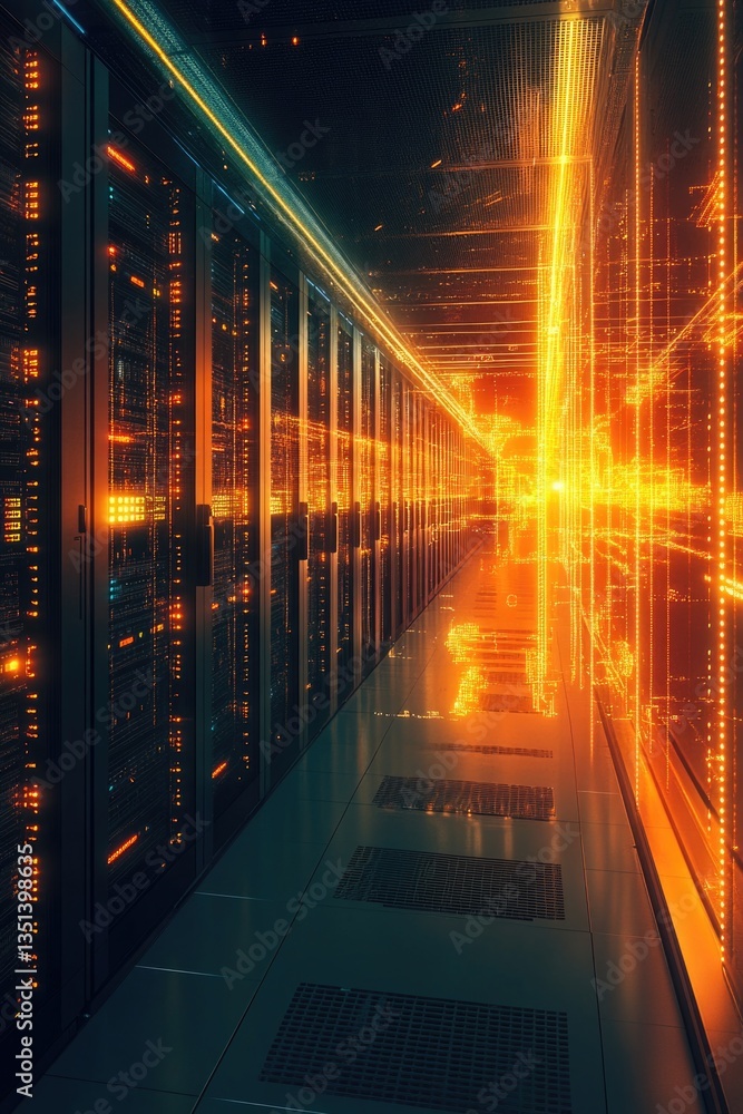 Poster a row of servers in a data center, suitable for use in technology or business concepts