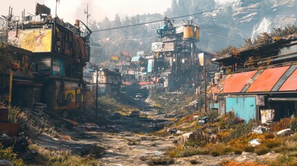 Post-Apocalyptic Town: A Digital Painting of a Deserted, Overgrown Cityscape