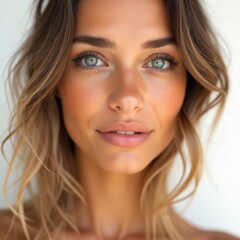Fototapeta premium woman with natural sun-kissed glow, bronzed cheeks, minimal makeup, white background, fresh look.