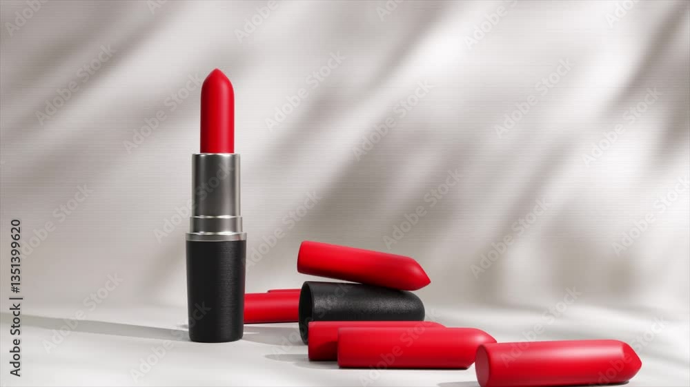 Poster professional red lipstick components disassembling, creating dynamic visual compositions against pri