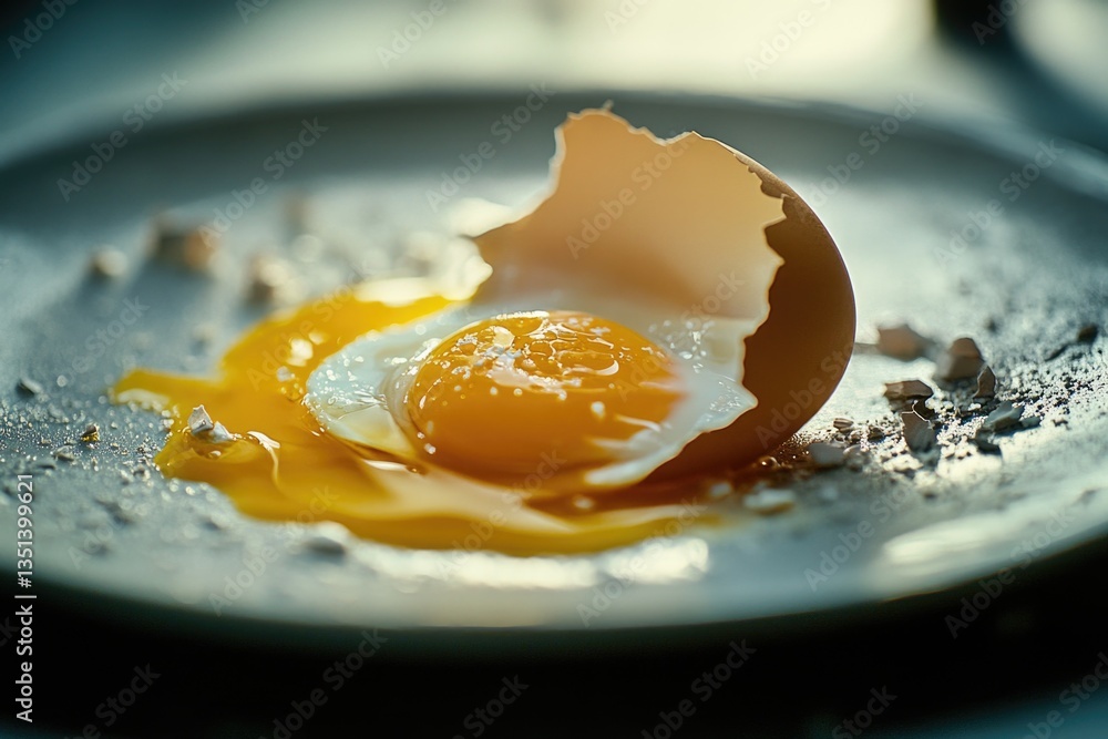 Poster a single broken egg sitting on a plate, possibly from a meal or as part of a recipe
