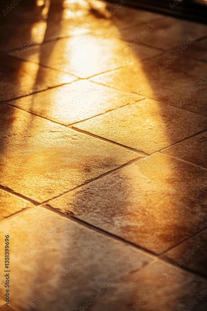 Poster a close-up shot of a person walking on a tiled floor, great for use in travel or architecture scenes