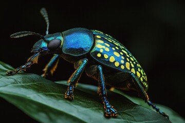 Fototapeta premium A Vibrant Jewel Toned Beetle Resting Upon A Green Leaf