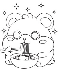 Coloring book cute hamster eating noodle