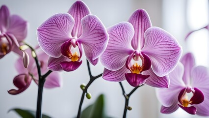 Obraz premium Close-up three vibrant pink phalaenopsis orchids full bloom, showcasing intricate details their petals.