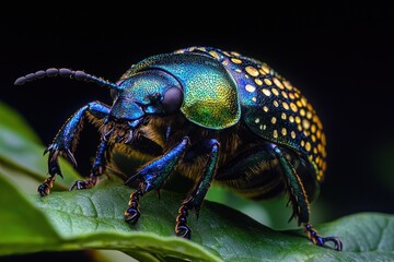 Fototapeta premium A beautiful iridescent beetle resting on a vibrant green leaf