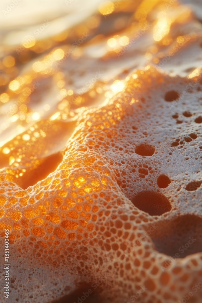 Poster a close-up view of a foamy wave on the beach, perfect for use in travel or coastal-themed projects