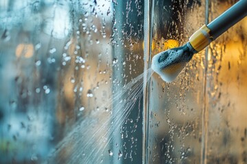 A person uses a sponge to clean a window, one informative phrase about what pictured on image and a one phrase with a short advice of where may be used this picture