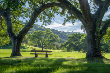 Obraz premium Tranquil Meadow with Sunlight Filtering Through Oak Trees and Inviting Wooden Bench in Lush Green Landscape