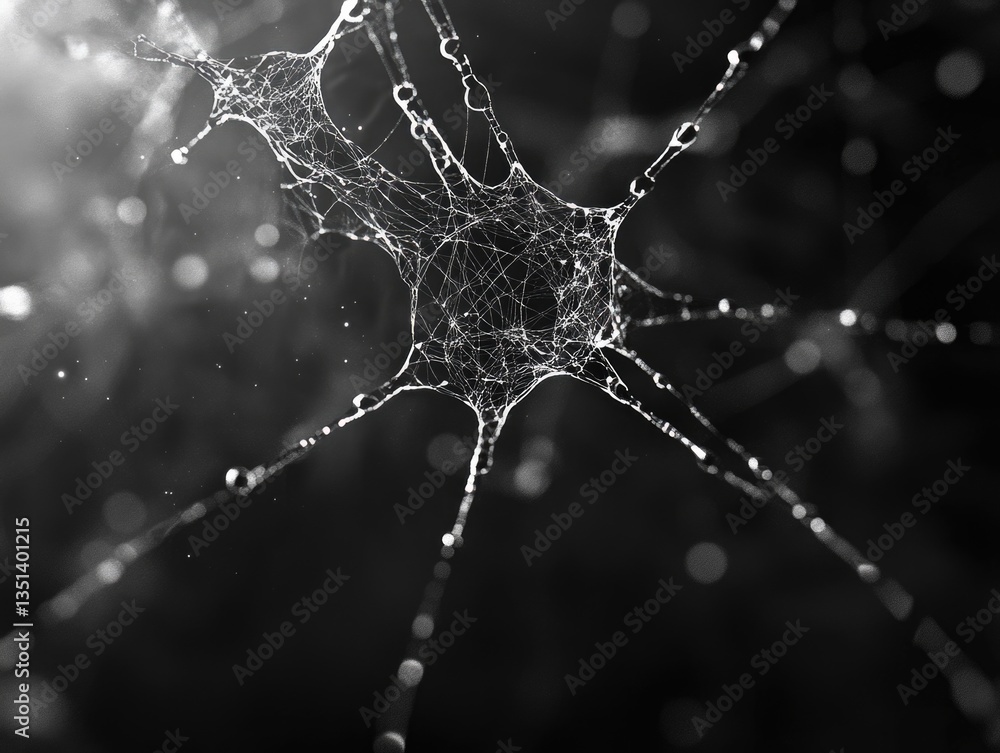Poster a close-up of a spider web covered in dew drops, great for environmental or nature-themed projects