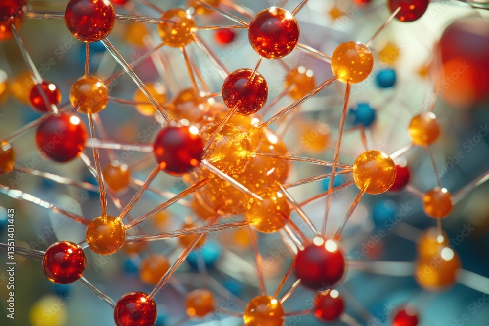 Poster colorful structure representing atomic particles and connections in a scientific visualization