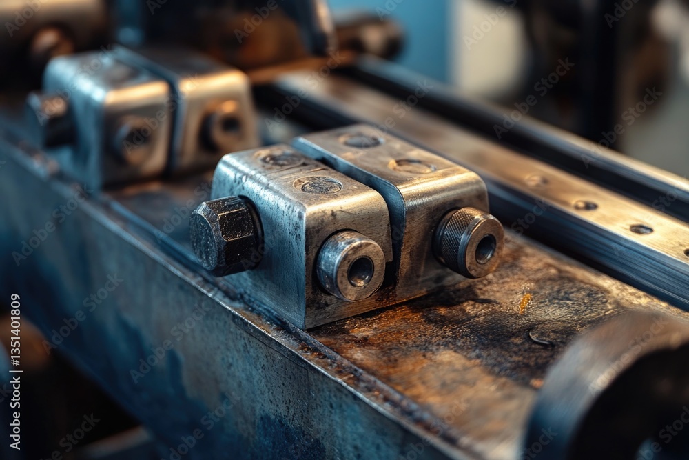 Poster close-up shot of a machine featuring various metal components