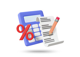 3D illustration render vector icon of calculator, bill, pencil, percentage. Financial calculation and budget management concept. Expenses, planning, recording, interest rate, tax. Isolated on white