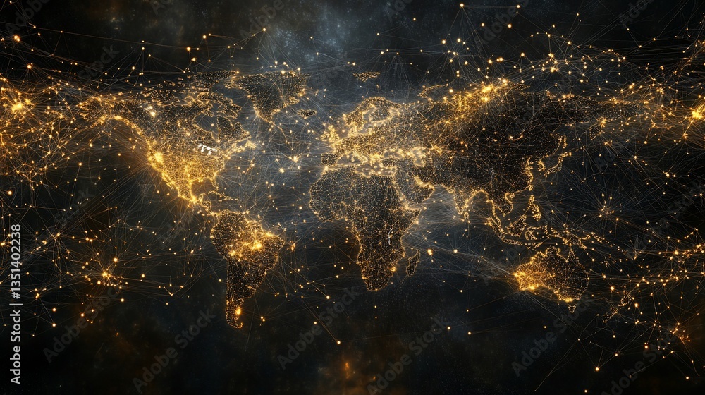 Poster world map illuminated with glowing network connections on a dark cosmic background