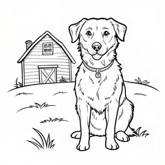 Fototapeta premium Loyal Farm Dog Sitting in Front of a Barn Illustration for Rural Life and Agricultural Themes