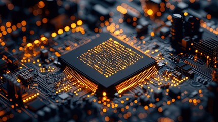 Futuristic DNA Helix Emerging from a Microchip, Surrounded by Binary Code and Glowing Circuits, Representing Genetic Engineering and  Innovation 