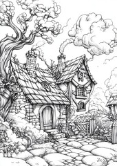 Naklejka premium Fantasy Village Coloring Pages