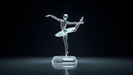 Elegant glass ballerina statuette in dancing pose on dark background, performing classical ballet dance