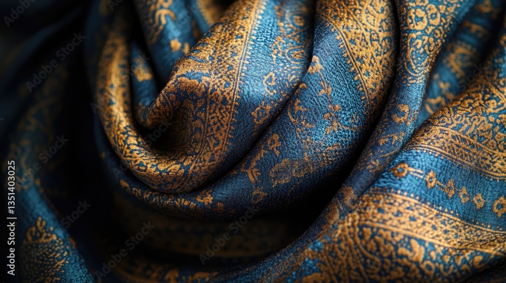 Poster a detailed shot of a blue and gold scarf with intricate patterns and textures