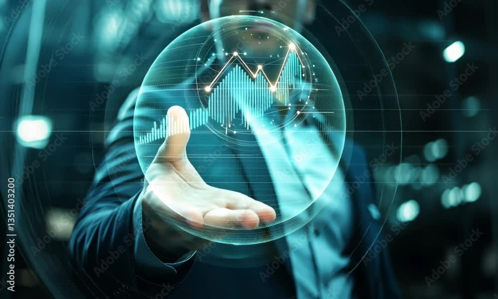 Poster a businessman holds a holographic graph symbolizing data analysis and technology in a futuristic set