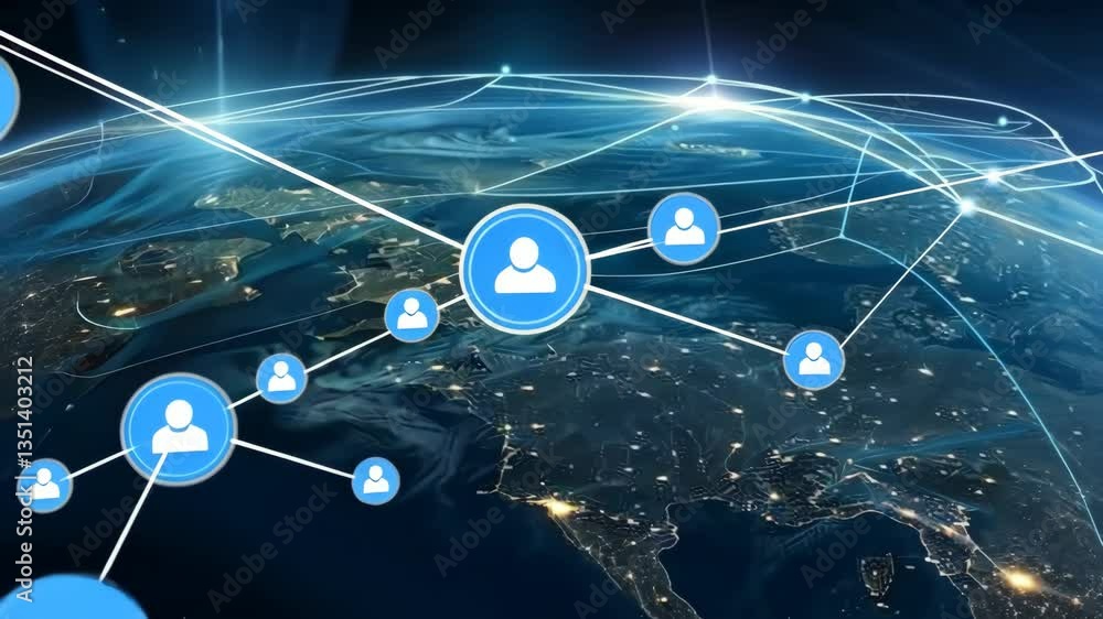 Poster This captivating representation illustrates global connectivity, featuring user icons linked by sleek digital lines, symbolizing communication, advanced technology, and the seamless flow of data