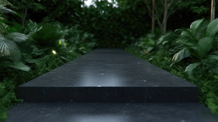 Dark stone pathway through lush tropical garden