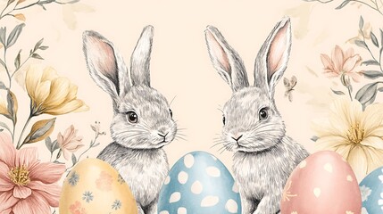 Obraz premium Easter Bunnies with Eggs Flowers. (3)