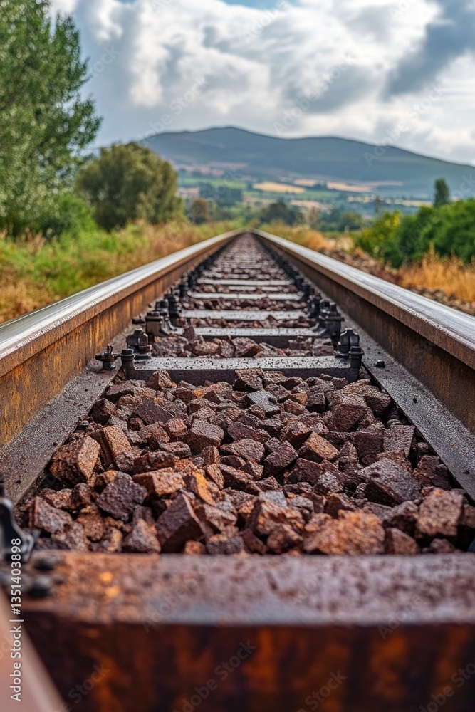 Poster a close-up view of a train track on a cloudy day, ideal for use in travel or infrastructure related 