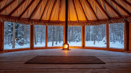 Cozy yurt interior with a warm fireplace and snowy forest view through large windows