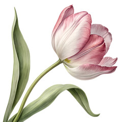 Naklejka premium Delicate Pink and White Tulip with Green Leaves, Isolated on Transparent Background