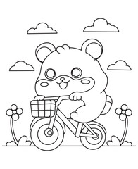 Coloring book hamster ride a bicycle in nature flower