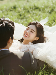 Photoshoot of wedding photo of beautiful young Korean couple, surrounded by blooming cherry blossoms. Bridal concept. Marriage ceremony.