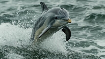 Fototapeta premium Oceanic dolphin leaping, rough sea, wildlife, background waves