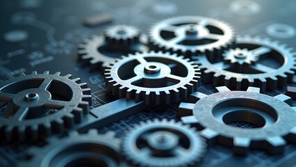 Precision Gears Interlocked on Blueprint, Industrial Machinery Concept, Engineering and Manufacturing Background