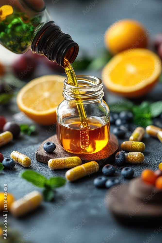 Poster a bottle of honey and some fruit arranged on a table