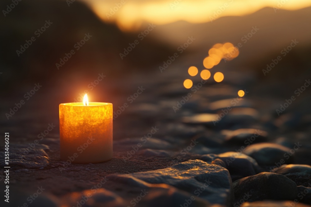 Poster a single lit candle placed on the rocks along the beach, perfect for coastal-themed scenes or emphas