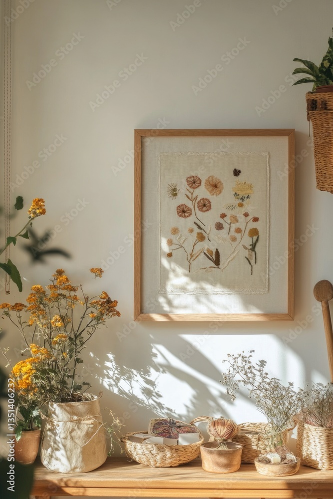 Poster a bouquet of colorful flowers on a table in an interior setting
