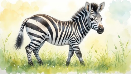 Naklejka premium Striped Zebra in Grassland, A young zebra walking in a grassy field.