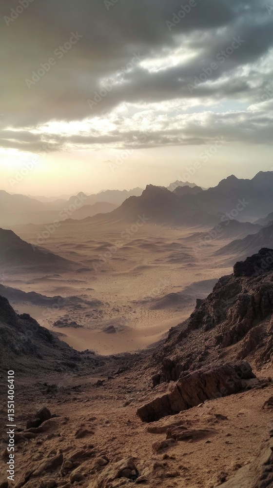 Poster a view of the desert with mountains in the distance, ideal for use in travel or adventure-themed pro