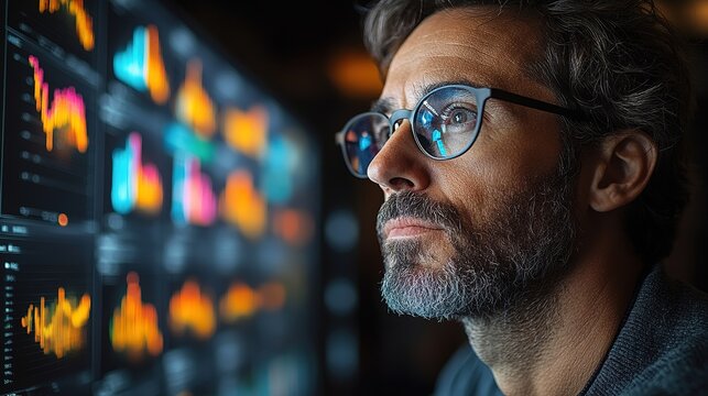 A professional analyzing video ad performance with colorful charts on a large screen