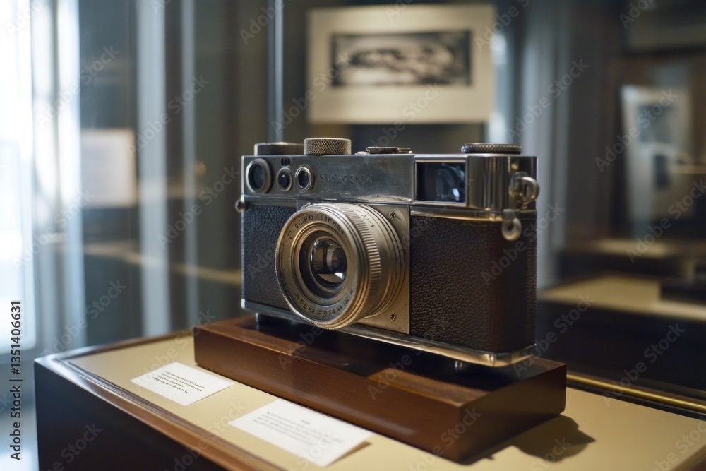 Poster a close-up shot of a camera displayed in a glass case, possibly in a store or museum