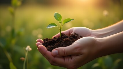 Fototapeta premium Hands gently holding a tiny green plant, conveying growth, new life, and environmental care.