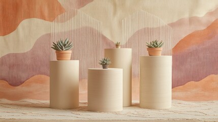 Beige pedestals with succulents on display against abstract background. Display of plants