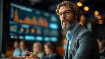 A professional explaining blockchain-based advertising solutions to a group of marketers