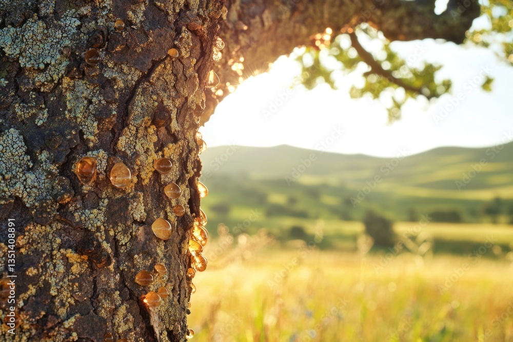 Poster A close-up view of a tree trunk in an open field, with natural textures and patterns