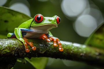 Naklejka premium A Vibrant Green Frog With Striking Red Eyes Sits Quietly