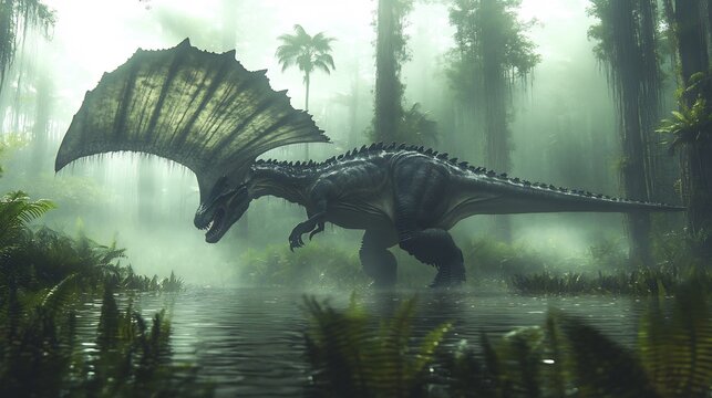 Terrifying Acrocanthosaurus prowling through humid swamp sail like back glistening with moisture The thick fog and dense foliage create an eerie prehistoric atmosphere as the predator stalks its prey